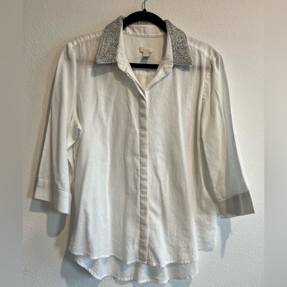 White Button-Up Shirt with Silver Collar